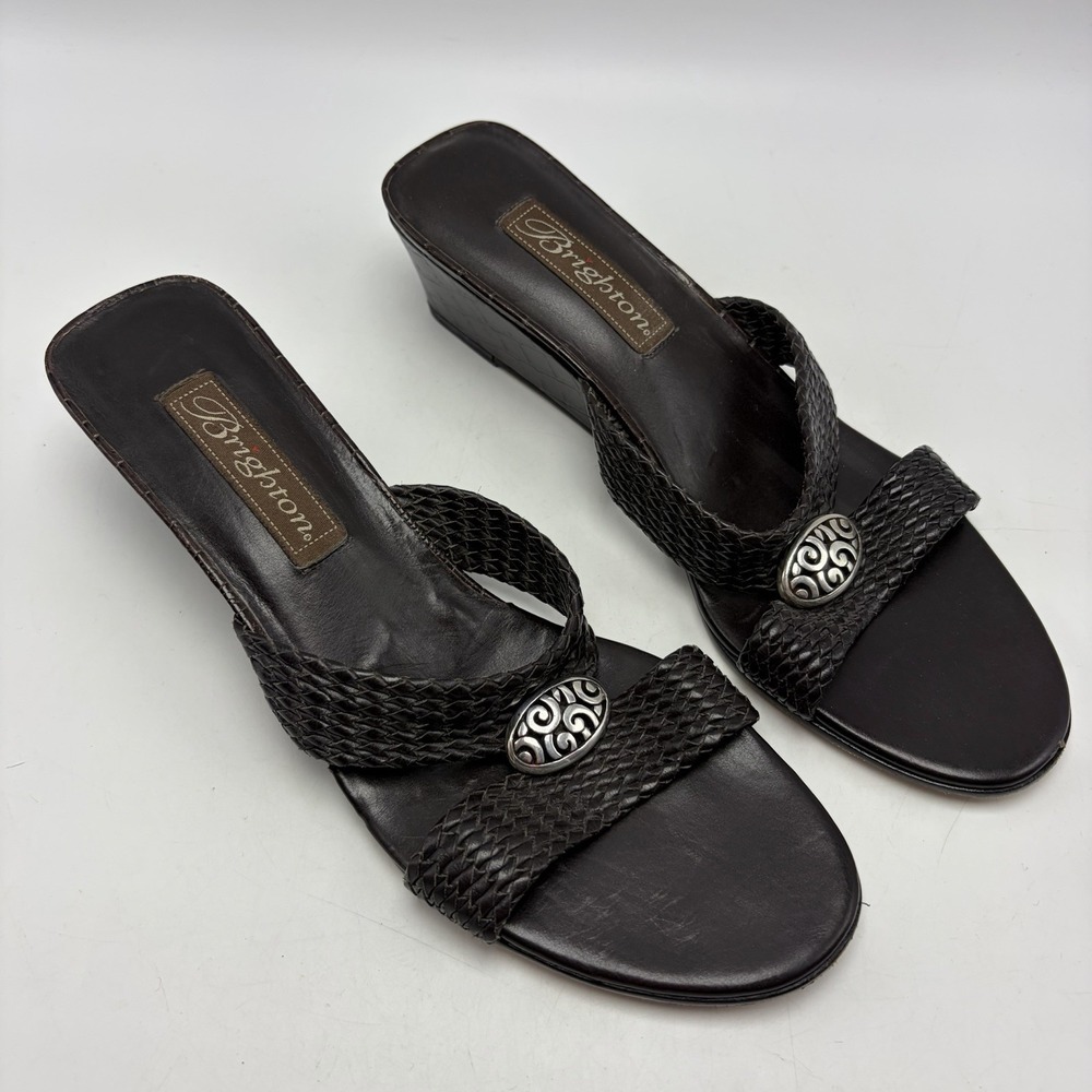 Brighton Sandal Slip On Wedge Women Size 7.5 M Brown Leather Woven Bench Made